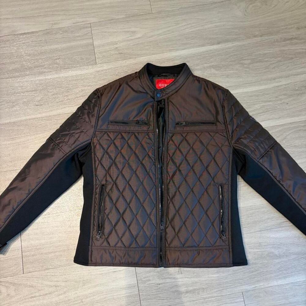 Guess mens black quilted moto